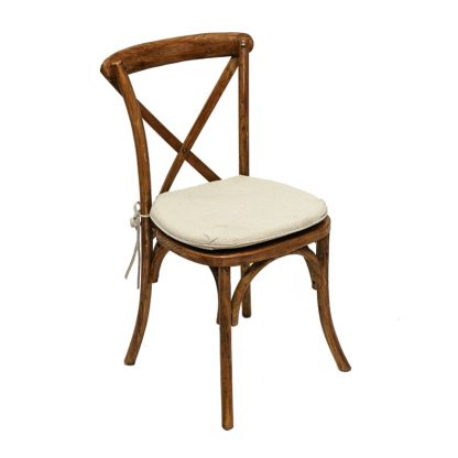 Elegant Crossback Chair rental in Sonoma, Ca at a vineyard wedding | Close-up of a natural wood Crossback Chair with a padded cushion | Guests comfortably seated on Crossback Chairs at an outdoor reception