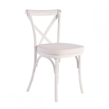 Elegant Crossback Whitewash rental Sonoma Ca chairs set up for an outdoor wedding | Close-up of a whitewash crossback chair with a natural wood grain texture | Guests comfortably seated on Crossback - Whitewash chairs at a vineyard event