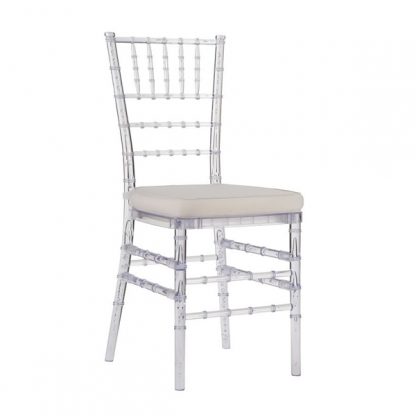Elegant Clear Chiavari Chair rental Sonoma CA set up for a vineyard wedding | Close-up of a sparkling Clear Chiavari Chair with a white cushion | Guests comfortably seated on Clear Chiavari Chairs at an outdoor Sonoma event
